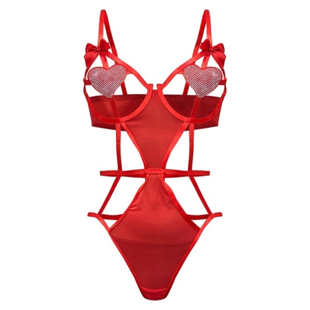 PrettyLittleThing Red Heart Applique Choker‎ Detail Body Lingerie Set XS CMV4331
